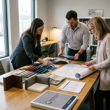 Team reviewing furniture samples and procurement plans