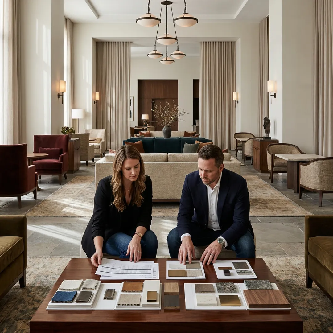 Luxury hotel lobby with coordinated FF&E furnishings
