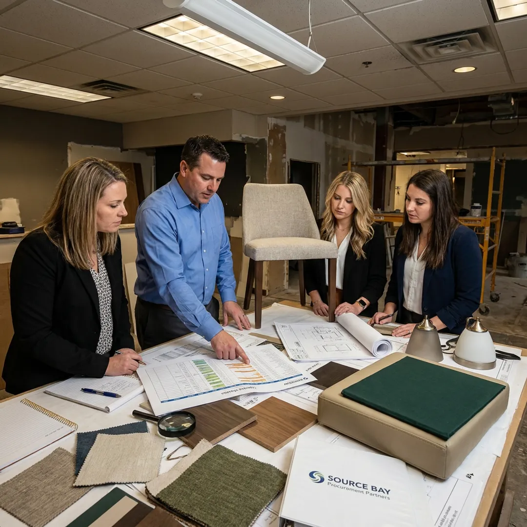 Restaurant FF&E procurement team reviewing furniture plans