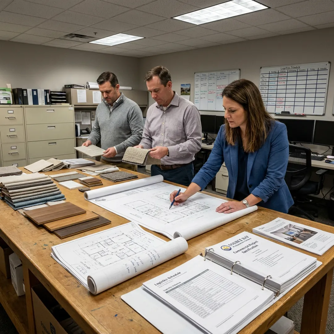 Commercial FF&E team reviewing procurement plans