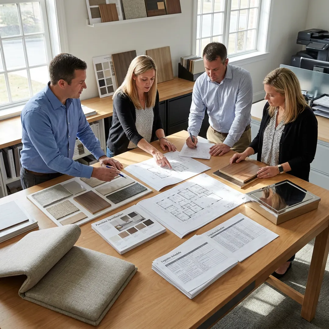 FF&E team reviewing plans and furniture specifications