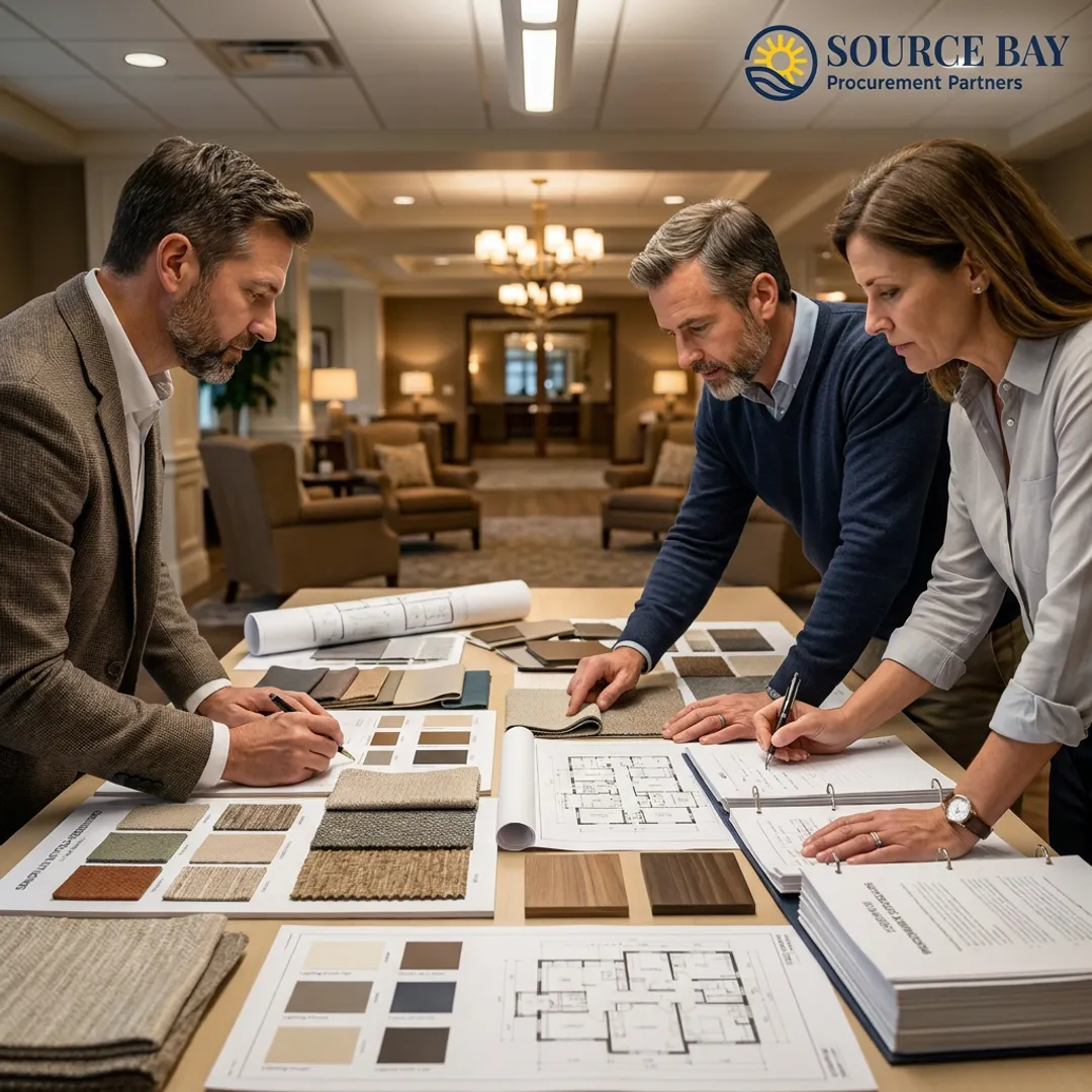 Senior living design team reviewing FF&E materials