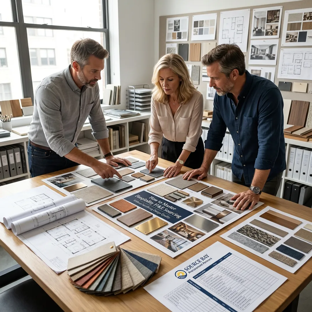 Design team reviewing hospitality FF&E plans
