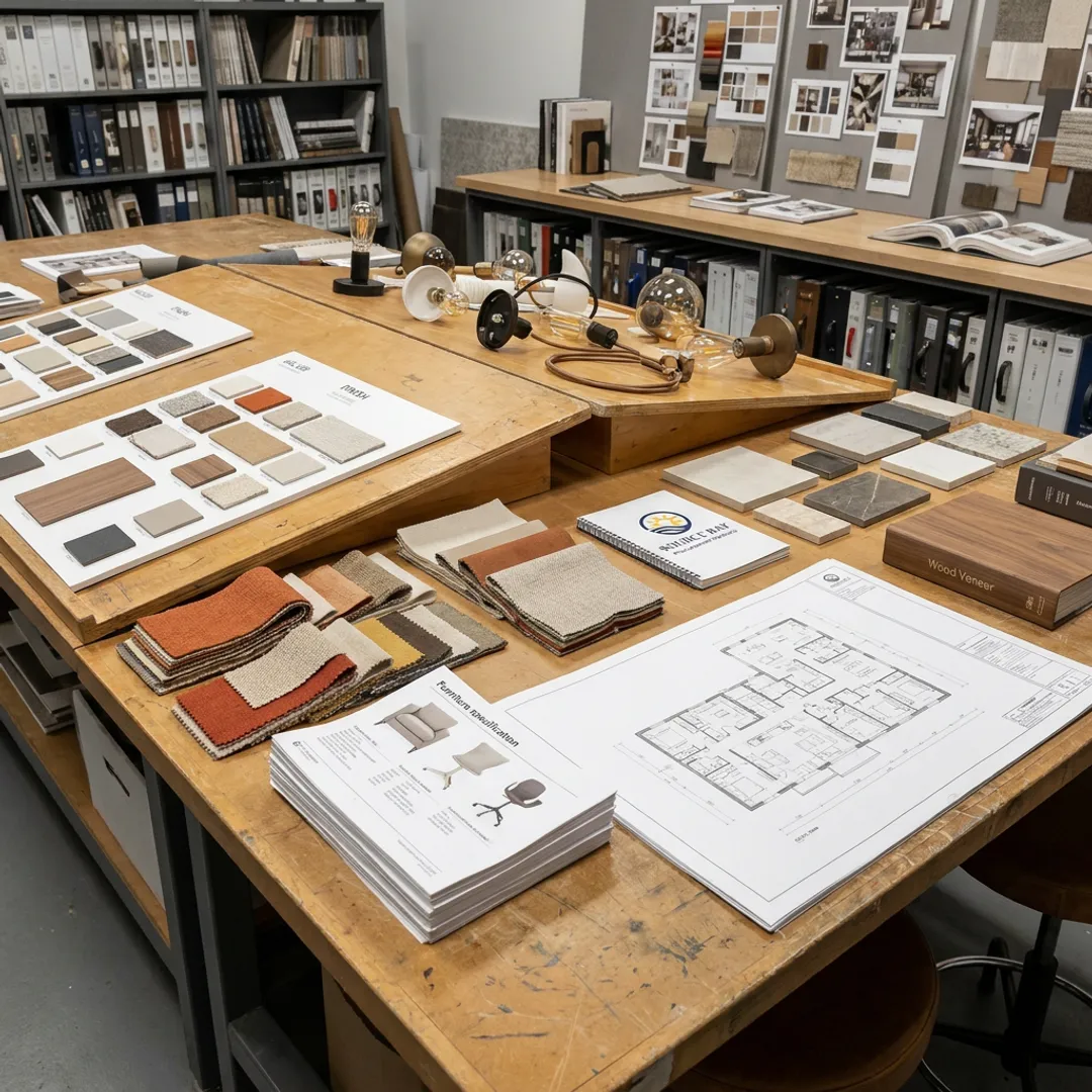 Commercial interior design studio with furniture samples