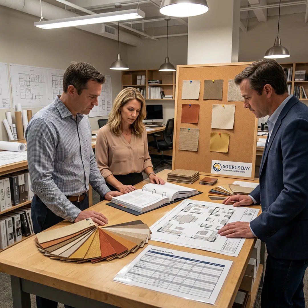 Commercial furniture procurement team reviewing FF&E plans