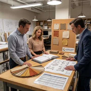 Commercial furniture procurement team reviewing FF&E plans
