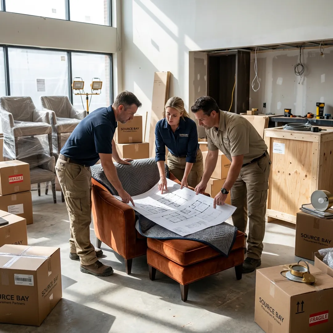 Commercial furniture installation team coordinating FF&E placement
