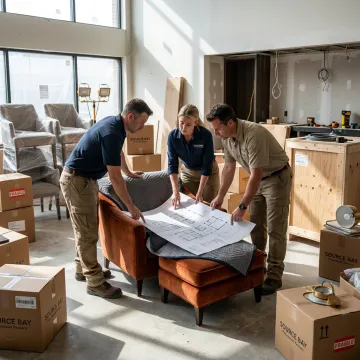 Commercial furniture installation team coordinating FF&E placement