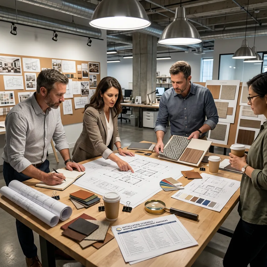 Design team reviewing FF&E plans