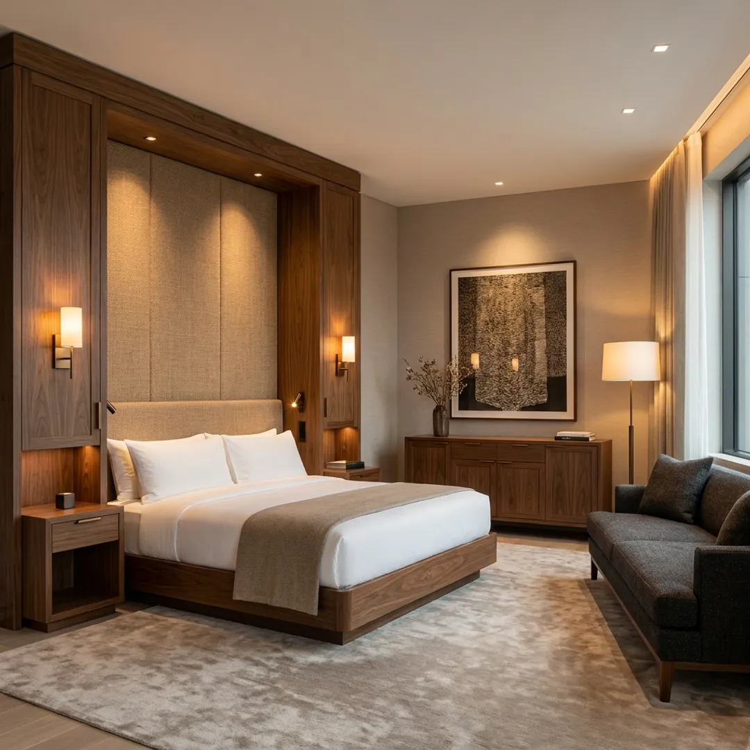 Custom hotel millwork and casegoods in a luxury guestroom