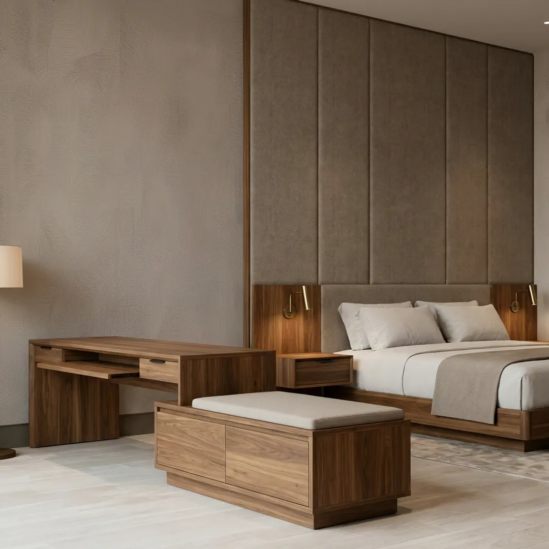 Custom hotel casegoods in a refined guestroom