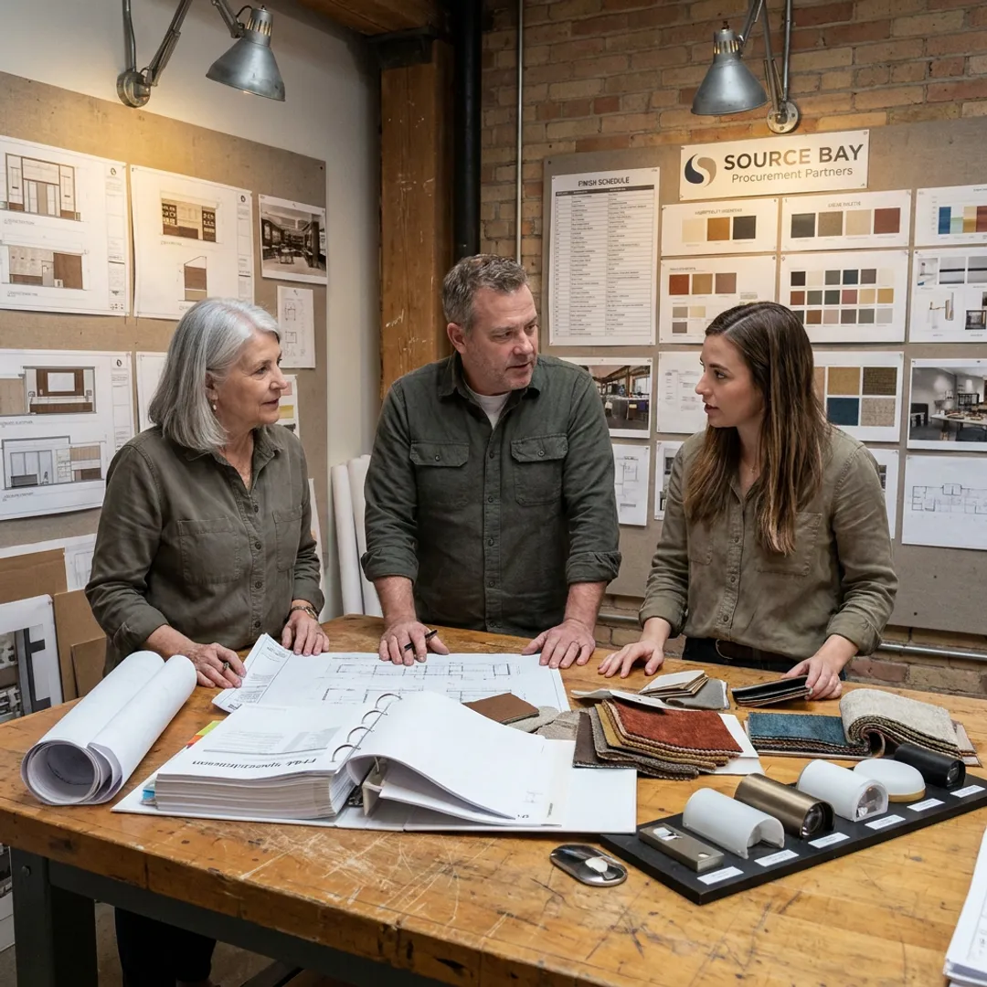 Commercial design team reviewing FF&E plans
