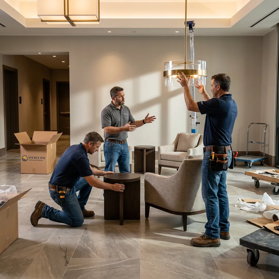 Commercial furniture installation team setting up a lobby