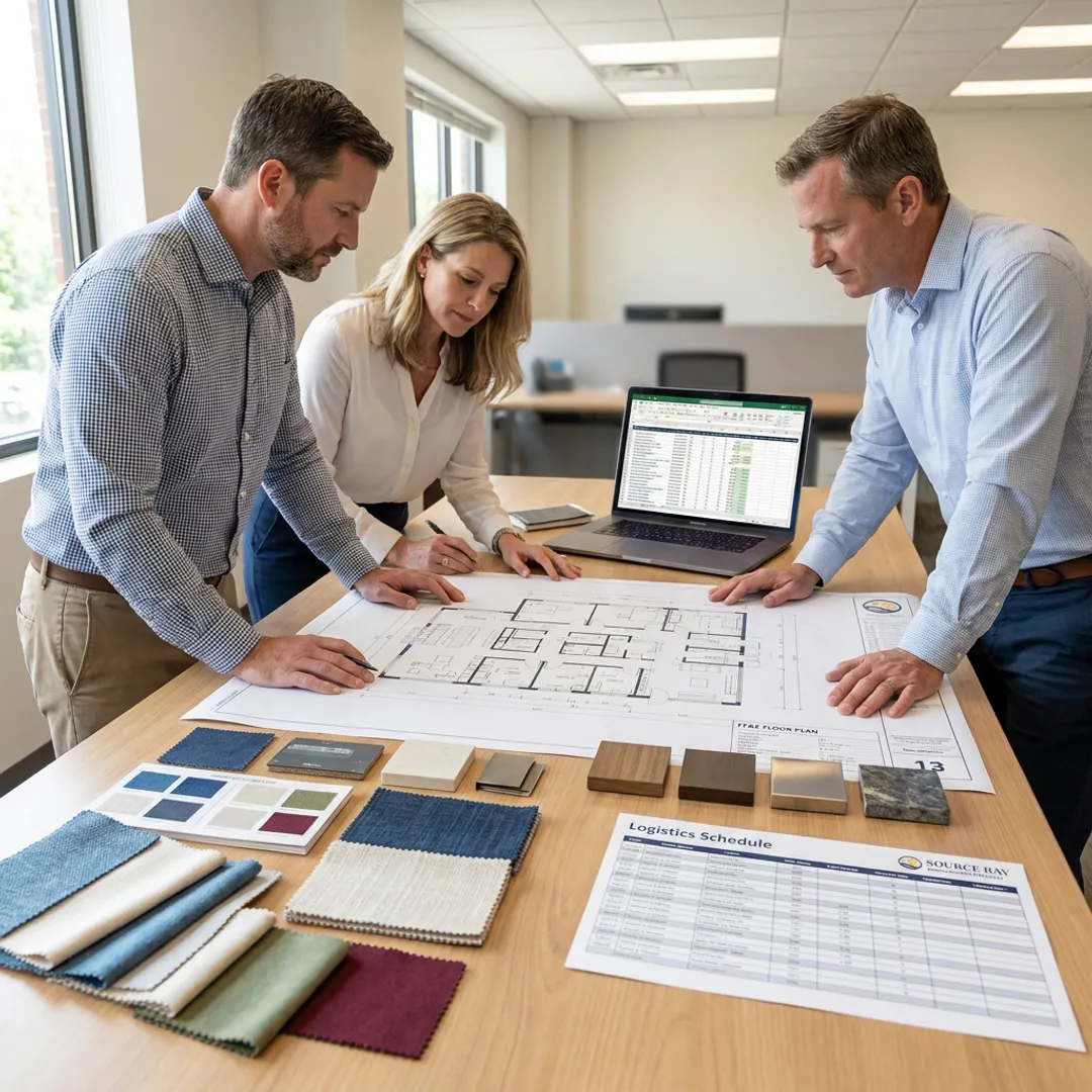 Contract furniture procurement team reviewing FF&E plans