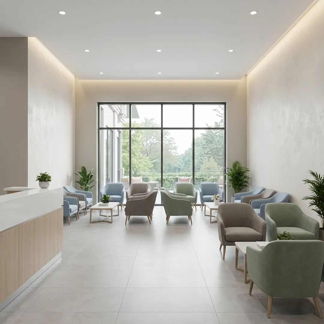 Modern healthcare waiting area with durable seating and calming finishes
