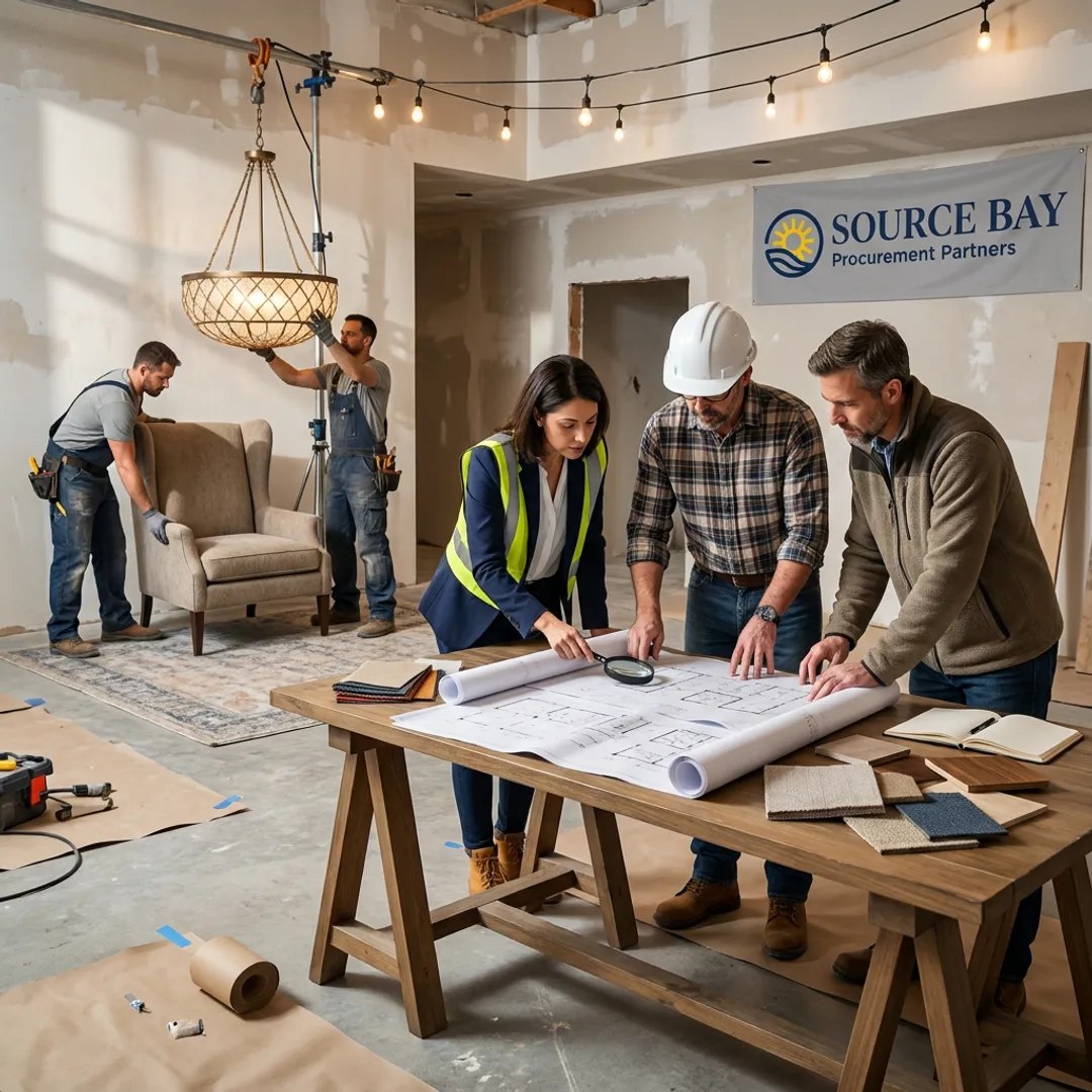 Commercial furniture installation team coordinating FF&E placement