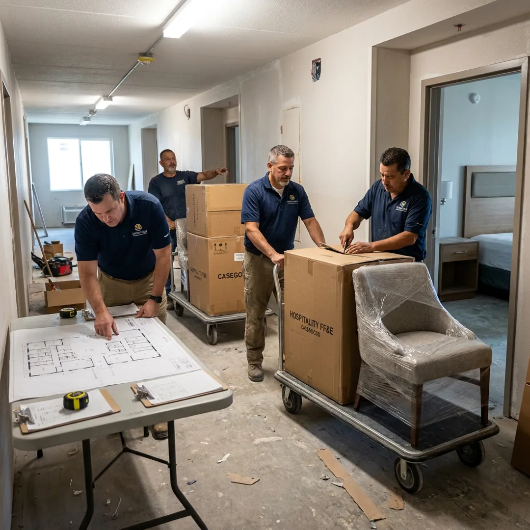Commercial furniture delivery team coordinating installation