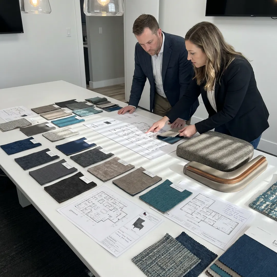 Team reviewing custom upholstered seating samples