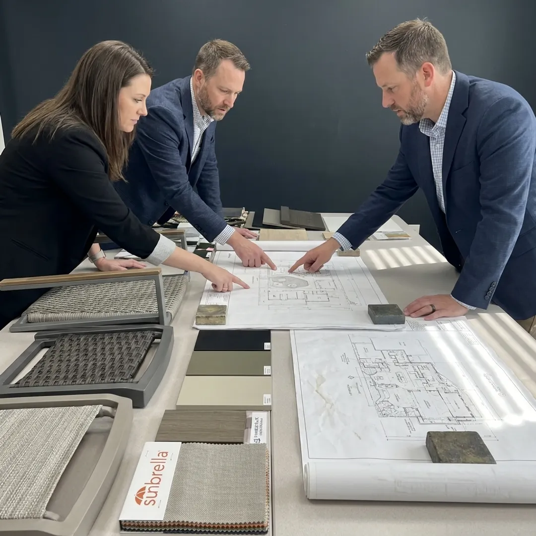 Healthcare design team reviewing outdoor furniture materials