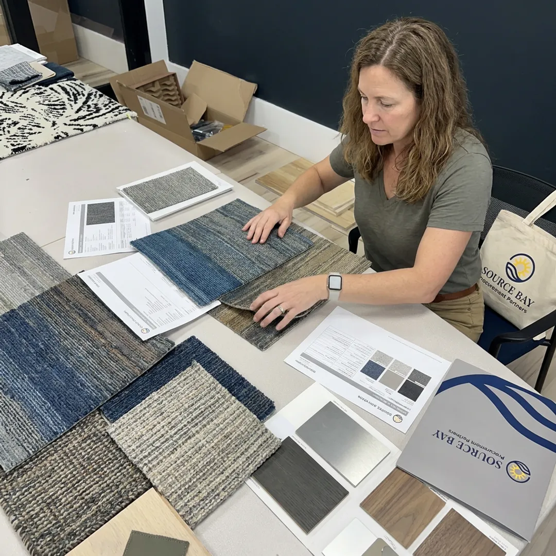Commercial flooring samples reviewed with interior finish materials
