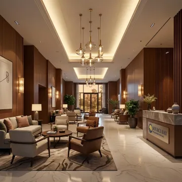 Sophisticated hotel lobby with statement lighting fixtures