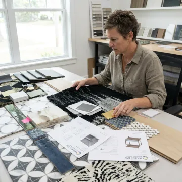 Designer reviewing hospitality furniture finishes