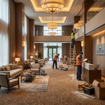 Commercial interior with newly installed patterned carpet