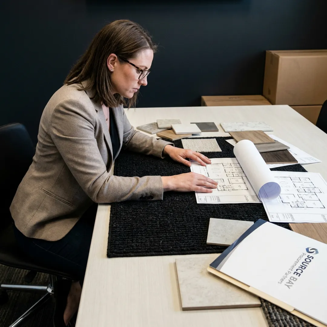 Designer reviewing commercial carpet samples