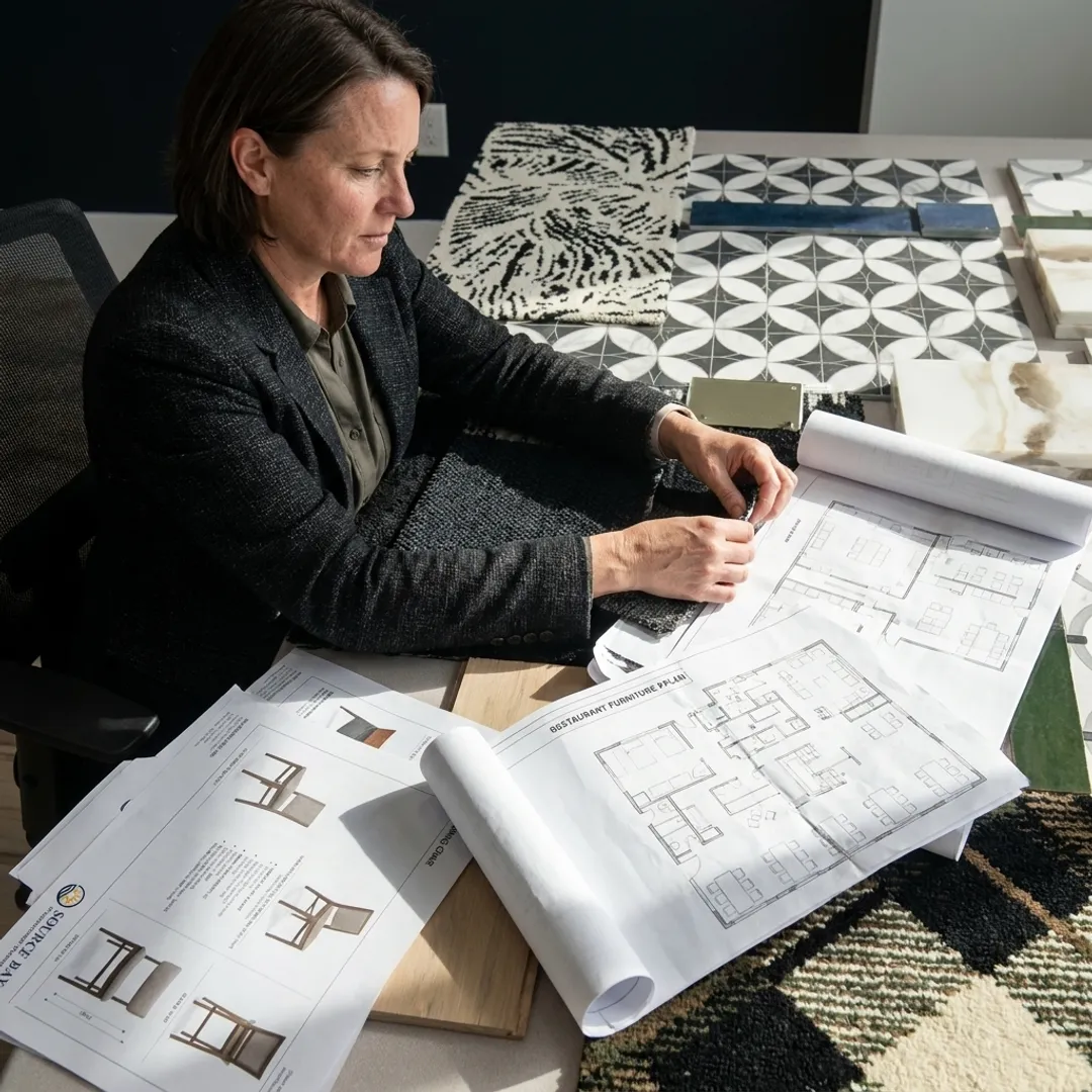 Designer reviewing restaurant upholstery and furniture samples