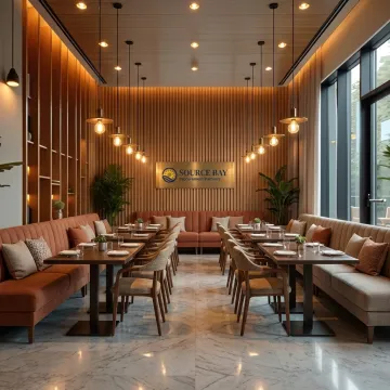 Modern restaurant with upholstered banquettes and dining furniture