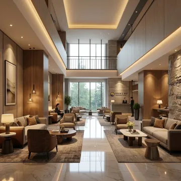 Refined hotel lobby with coordinated furnishings and lighting