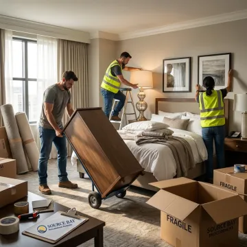 Hotel FF&E installation team preparing a guestroom
