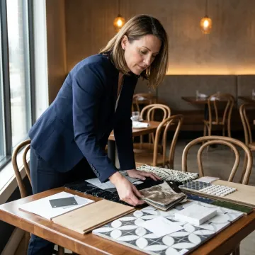 Designer reviewing restaurant furniture samples