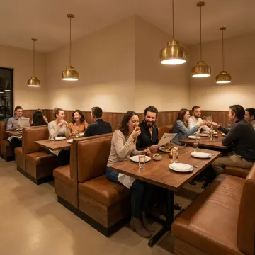 Modern restaurant dining room with commercial furniture