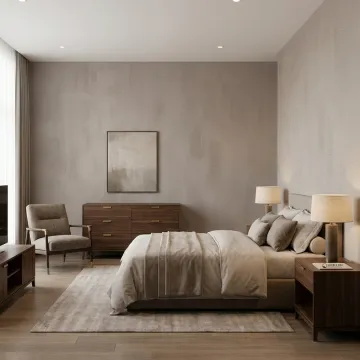 Modern branded hotel guestroom with coordinated furniture