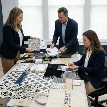 Hospitality team reviewing furniture and finish samples