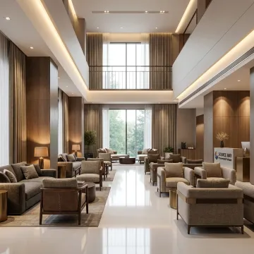 Custom drapes and upholstered seating in a refined commercial lounge