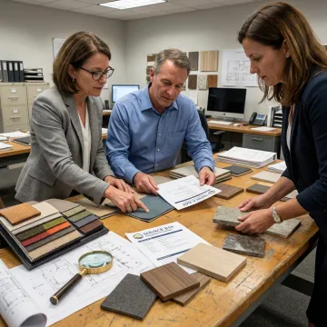 Team reviewing hotel furniture samples and specifications