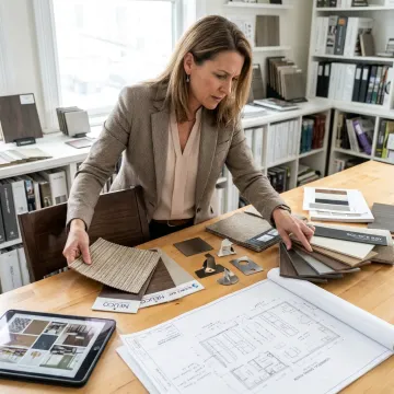 Designer reviewing restaurant furniture samples