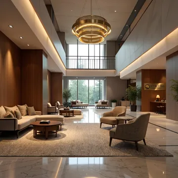 Refined hotel lobby with hospitality furniture