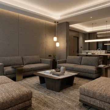 Luxury hotel lounge with layered hospitality textiles