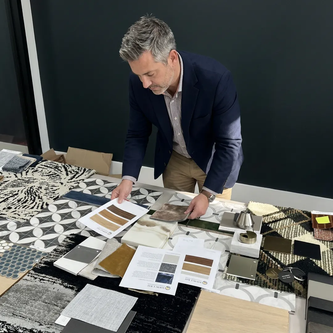 Designer reviewing hospitality furniture and finish samples
