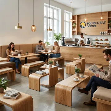 Modern coffee shop with custom seating and warm lighting