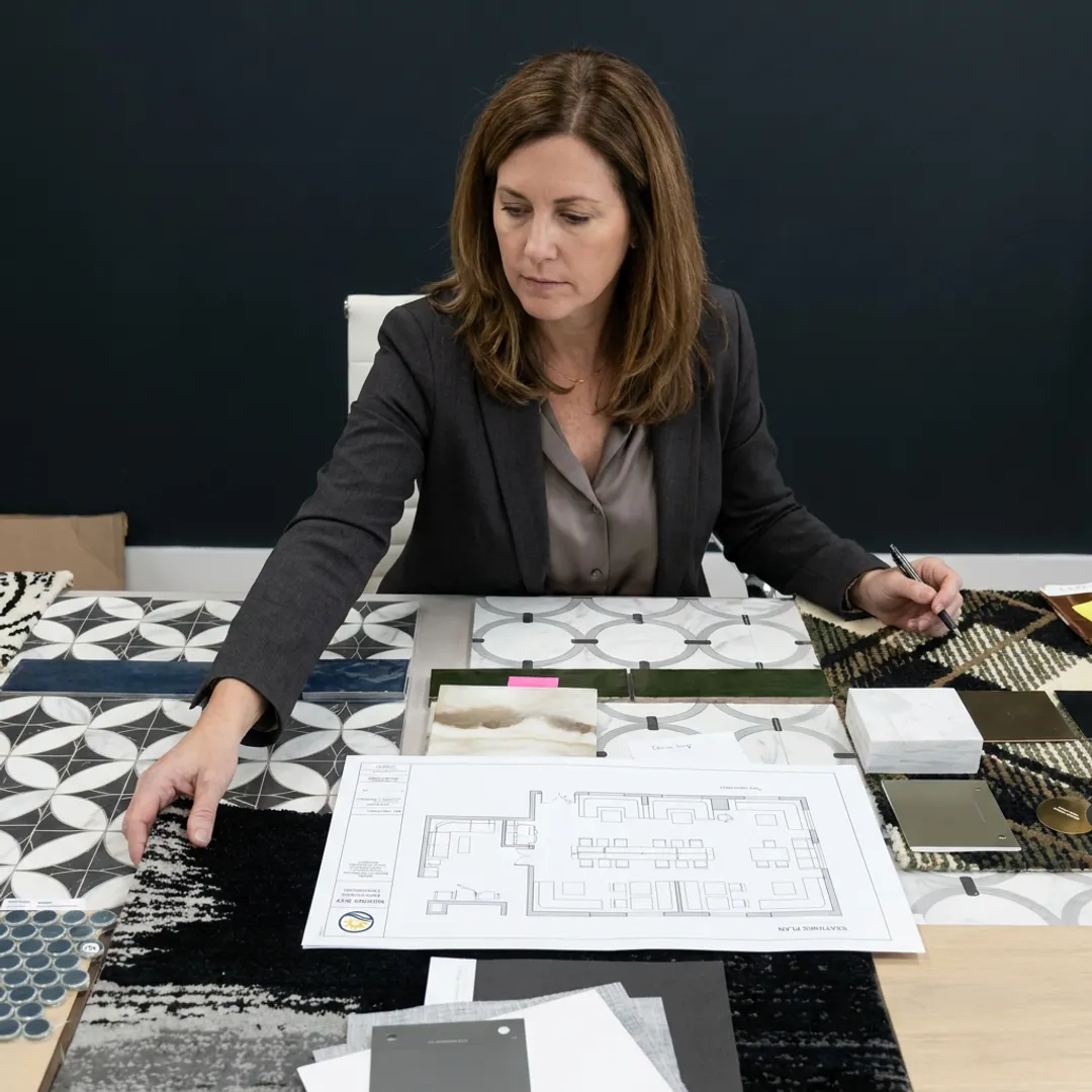 Designer reviewing coffee shop material samples
