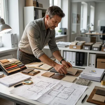 Designer reviewing furniture materials and project plans