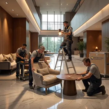 Commercial team installing furniture in a hotel lounge