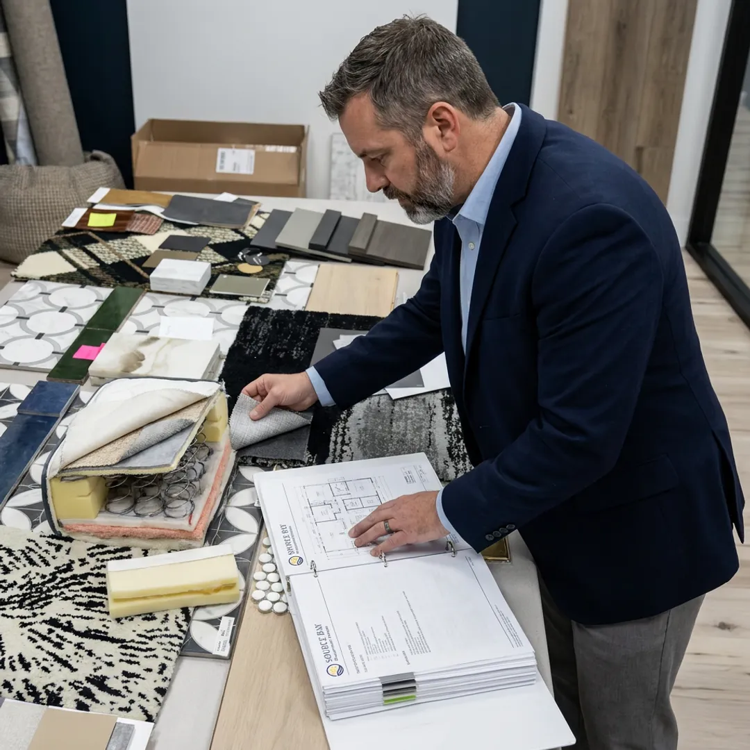 Procurement specialist reviewing commercial mattress samples