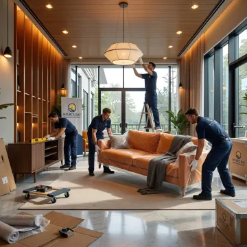 Commercial team placing furniture in a finished hospitality interior