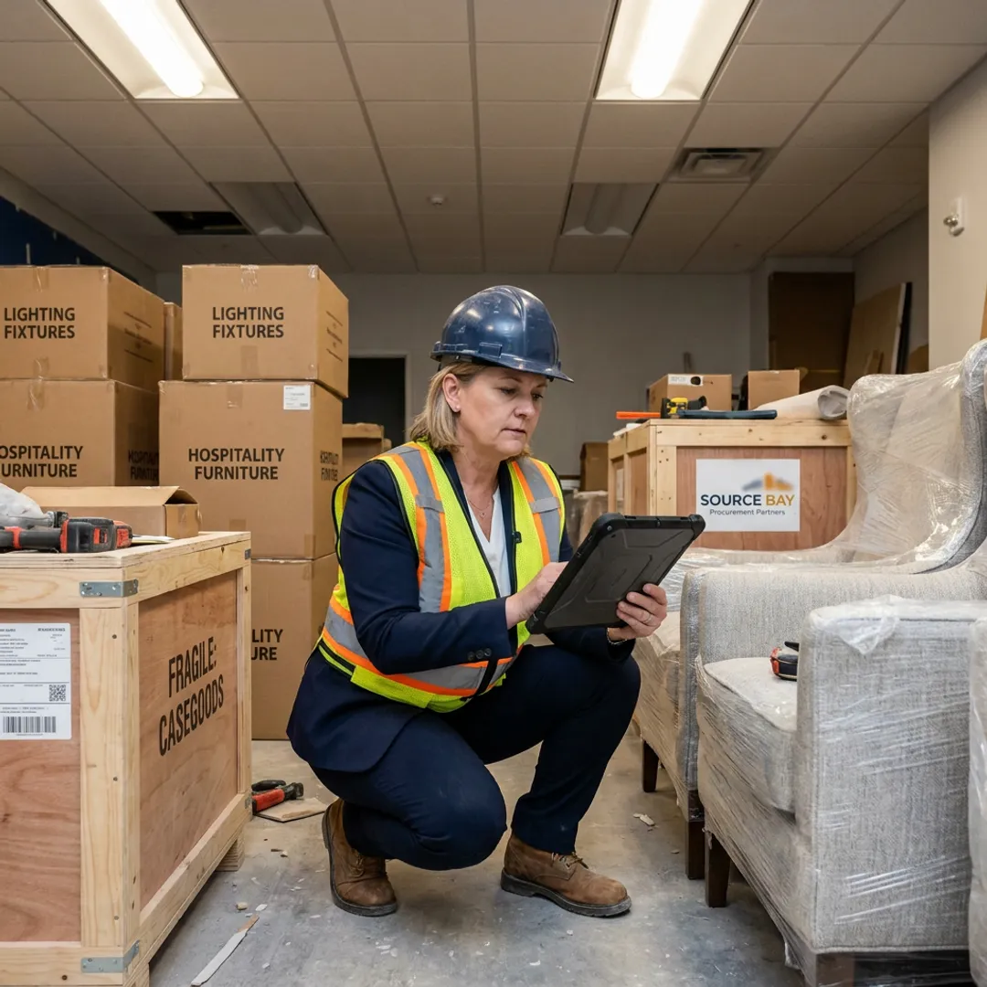 FF&E manager coordinating commercial furniture delivery