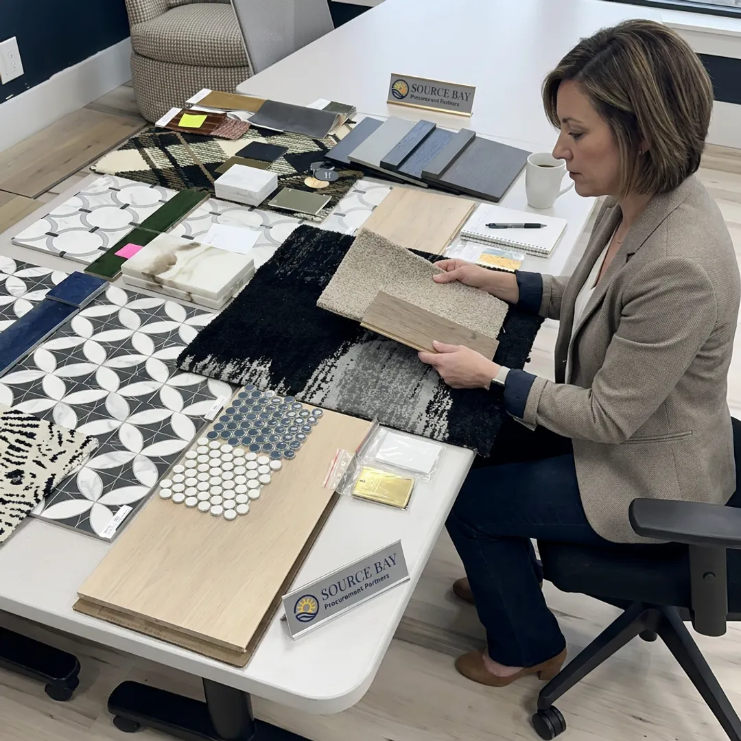 Designer reviewing student housing material samples